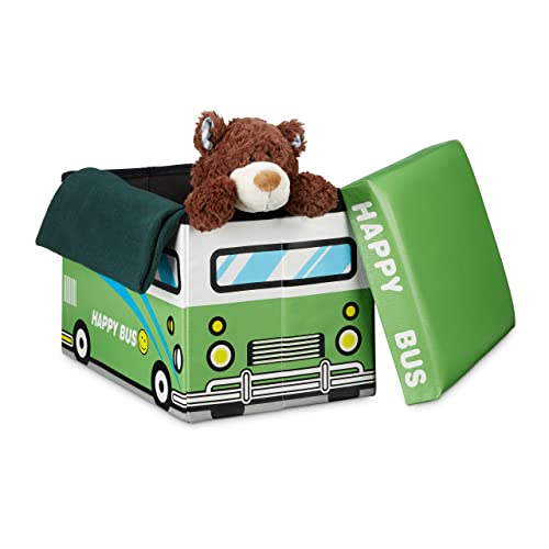 Relaxdays Faltbare Spielzeugkiste Happy Bus HBT 32 x 48 x 32 cm stabiler Kinder Sitzhocker als praktische Spielzeugbox Kunstleder mit Stauraum ca. 37 l und Deckel zum Abnehmen für Kinderzimmer, grün von Relaxdays