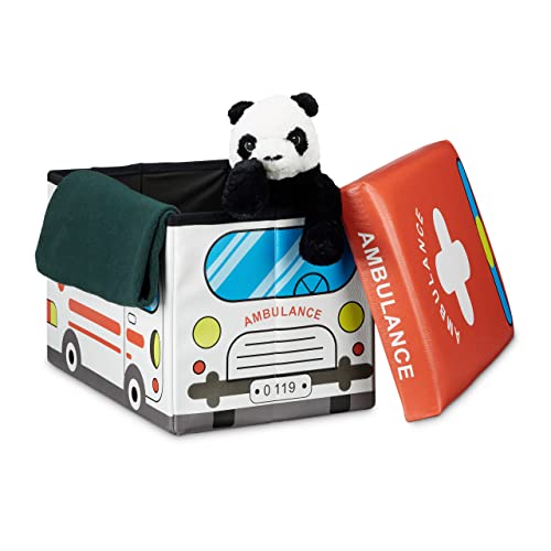 Relaxdays Faltbare Spielzeugkiste Krankenwagen HBT 32 x 48 x 32 cm stabiler Kinder Sitzhocker als Spielzeugbox Kunstleder mit Stauraum ca. 37 l und Deckel zum Abnehmen für Kinderzimmer, Ambulance von Relaxdays