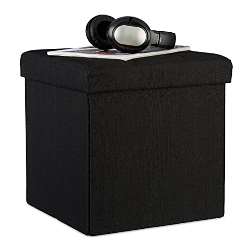 Relaxdays Faltbarer Sitzhocker, 38 x 38 x 38 cm, Sitzcube als Fußablage, Sitzwürfel aus Leinen, Deckel zum Abnehmen, schwarz von Relaxdays