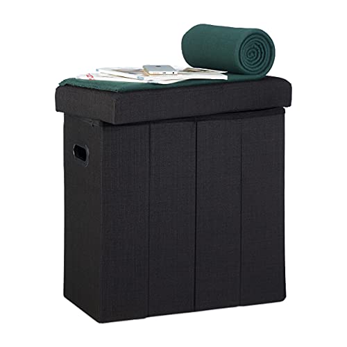 Relaxdays Faltbarer Sitzhocker, HxBxT: 49,5 x 46 x 25,5 cm, mit Stauraum, Griffe, Leinen, Polyester, MDF, schwarz von Relaxdays