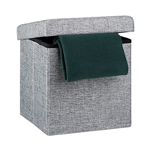 Relaxdays Faltbarer Sitzhocker, Sitzcube als Fußablage, Sitzwürfel aus Leinen, Deckel zum Abnehmen, 38x38x38 cm, grau von Relaxdays