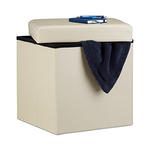 Relaxdays Faltbarer Sitzhocker, Sitzcube mit Stauraum u. Deckel, Fußablage, Sitzwürfel Kunstleder, 38x38x38 cm, creme von Relaxdays
