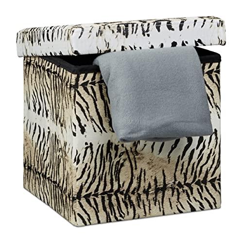 Relaxdays Faltbarer Sitzhocker 38 cm stabiler Sitzwürfel mit trendigen Motiven als praktische Ablage als Sitzwürfel mit bedrucktem Kunstleder als Aufbewahrungsbox mit Stauraum und Deckel, Tiger beige von Relaxdays