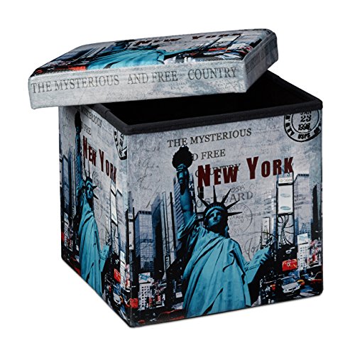 Relaxdays Faltbarer Sitzhocker 38 cm stabiler Sitzwürfel mit trendigen Motiven als praktische Fußablage als Sitzwürfel mit bedrucktem Kunstleder als Aufbewahrungsbox mit Stauraum und Deckel, New York von Relaxdays