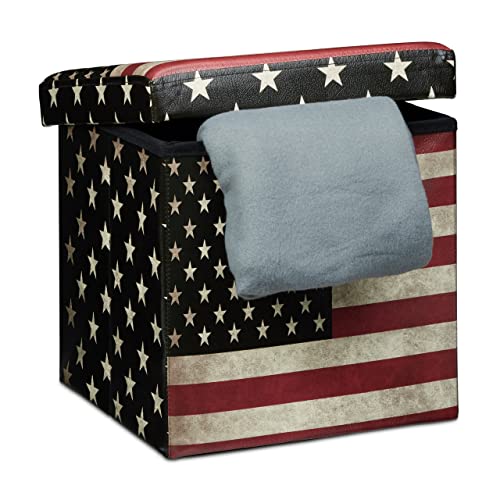 Relaxdays Faltbarer Sitzhocker 38 cm stabiler Sitzwürfel mit trendigen Motiven als praktische Fußablage als Sitzwürfel mit bedrucktem Kunstleder als Aufbewahrungsbox mit Stauraum und Deckel, USA von Relaxdays