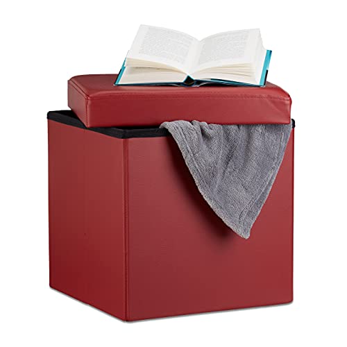 Relaxdays Faltbarer Sitzhocker, Sitzcube mit Stauraum, Fußablage, Sitzwürfel aus Kunstleder, HBT 38x38x38 cm, dunkelrot von Relaxdays