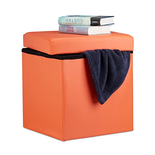 Relaxdays Faltbarer Sitzhocker, Sitzcube mit Stauraum, Fußablage, Sitzwürfel aus Kunstleder, HBT 38 x 38 x 38 cm, orange von Relaxdays
