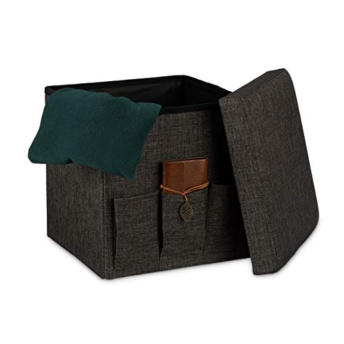 Relaxdays Faltbarer Sitzhocker 38 x 38 x 38 cm stabiler Sitzcube mit 3 Seitentaschen Sitzwürfel aus Leinen Sitzbank als Aufbewahrungsbox mit Stauraum und Deckel zum Abnehmen für Wohnraum, braun von Relaxdays