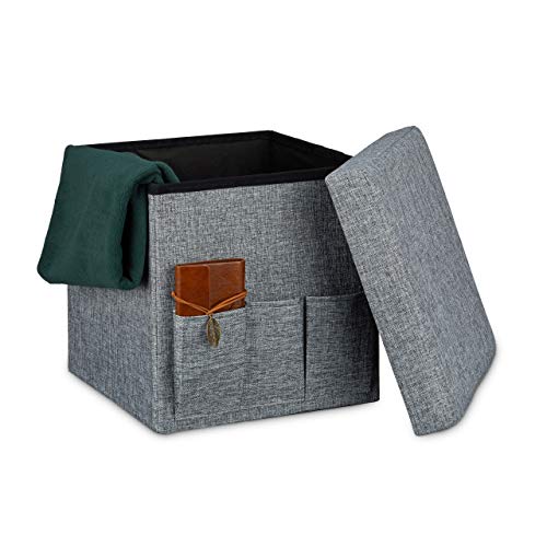 Relaxdays Faltbarer Sitzhocker 38 x 38 x 38 cm stabiler Sitzcube mit 3 Seitentaschen Sitzwürfel aus Leinen Sitzbank als Aufbewahrungsbox mit Stauraum und Deckel zum Abnehmen für Wohnraum, grau von Relaxdays