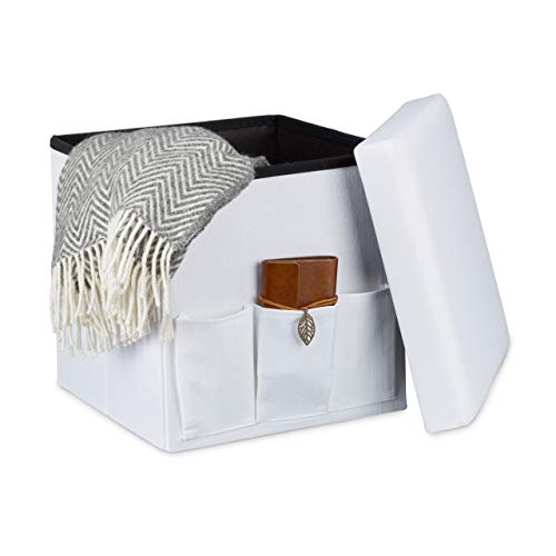 Relaxdays Faltbarer Sitzhocker 38 x 38 x 38 cm stabiler Sitzcube mit 3 Seitentaschen Sitzwürfel aus Leinen Sitzbank als Aufbewahrungsbox mit Stauraum und Deckel zum Abnehmen für Wohnraum, weiß von Relaxdays