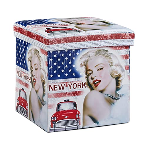 Relaxdays Faltbarer Sitzhocker Marilyn Monroe 38 cm stabiler Falthocker mit trendigen Motiven als praktische Ablage als Sitzwürfel mit bedrucktem Kunstleder als Aufbewahrungsbox mit Stauraum, New York von Relaxdays