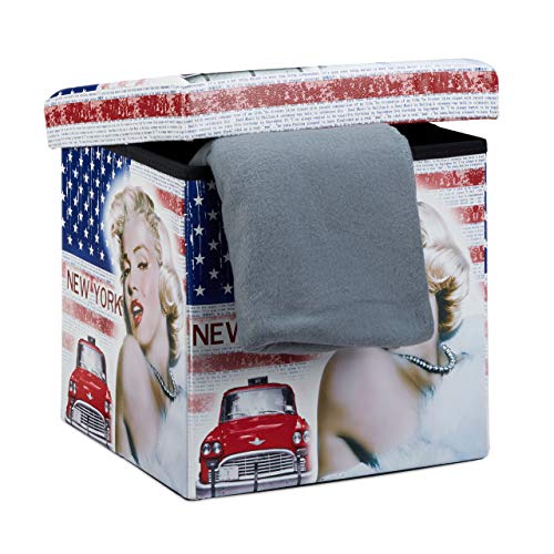 Relaxdays Faltbarer Sitzhocker Marilyn Monroe 38 cm stabiler Falthocker mit trendigen Motiven als praktische Ablage als Sitzwürfel mit bedrucktem Kunstleder als Aufbewahrungsbox mit Stauraum, New York von Relaxdays