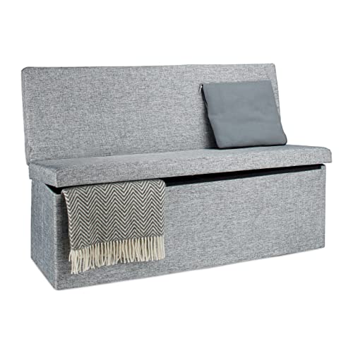Relaxdays Faltbarer Sitzhocker mit Lehne XL HBT 73 x 114 x 38 cm stabiler Sitzcube als Fußablage Sitzbank und Sitzwürfel aus Leinen als Aufbewahrungsbox mit Stauraum mit Deckel für Wohnraum, grau von Relaxdays