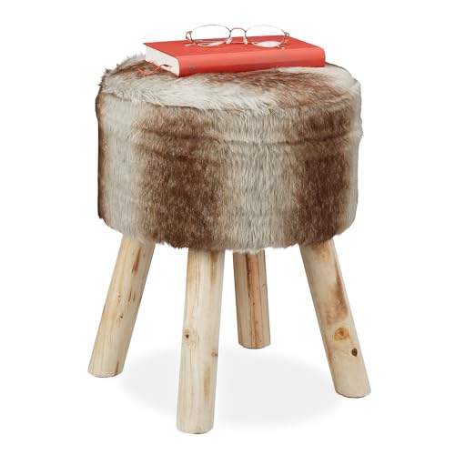 Relaxdays Fellhocker, Deko Hocker Kunstfell, Sitzhocker mit Holzbeinen, rund, rustikal, H x D: 42 x 33 cm, grau/braun, 1 Stück von Relaxdays