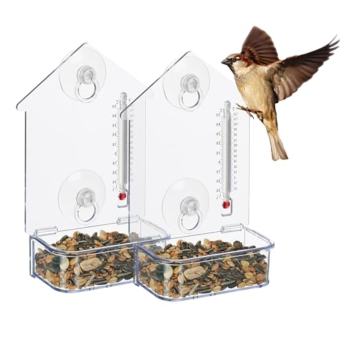 Relaxdays Fenster-Vogelfutterhaus 2er Set, 2 Saugnäpfe, Futterstation mit Thermometer, HBT 17 x 11,5 x 5 cm, transparent von Relaxdays