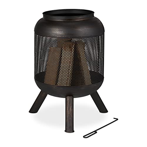 Relaxdays Feuerkorb, Mesh Design, Feuerrost, Schürhaken, HxD: 69 x 44 cm, Feuertonne, gebürsteter Stahl, schwarz-Bronze von Relaxdays