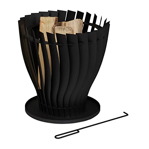 Relaxdays Feuerkorb, runder Brennkorb mit Schürhaken, H x D: 42 x 40 cm, Feuerschale Stahl, Garten & Terrasse, schwarz von Relaxdays