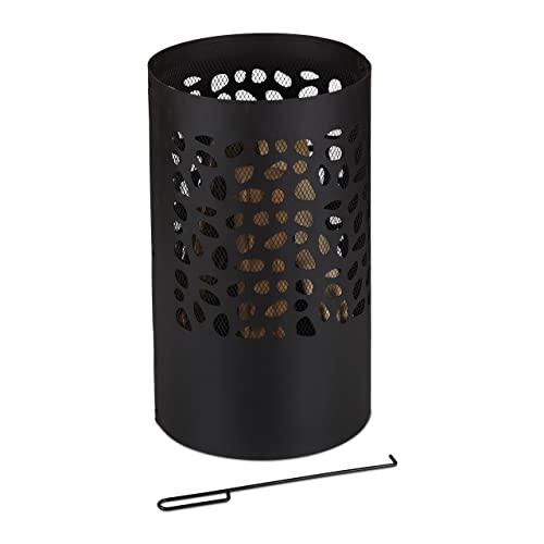 Relaxdays Feuertonne mit Funkenschutz, mit Schürhaken & Feuerrost, Outdoor Feuerkorb, HxD: 60 x 37 cm, Stahl, schwarz von Relaxdays