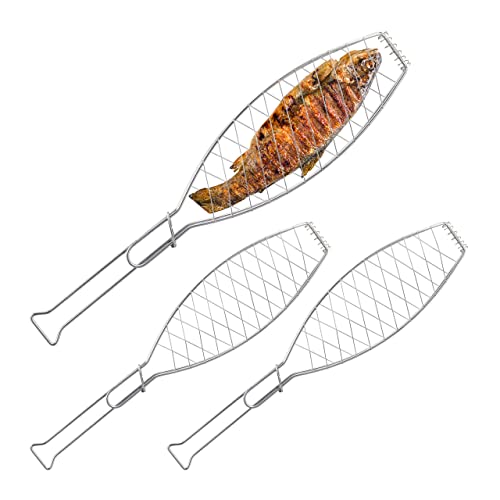 Relaxdays Fischbräter 3er Set, Edelstahl, mit Griff, 54 cm lang, Fischhalter zum Grillen, Grillguthalter Fisch, Silber von Relaxdays