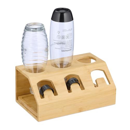 Relaxdays Flaschenhalter kompatibel mit Sodastream-Flaschen, Bambus, mit Abtropfschale, 3er Flaschenständer, Natur von Relaxdays