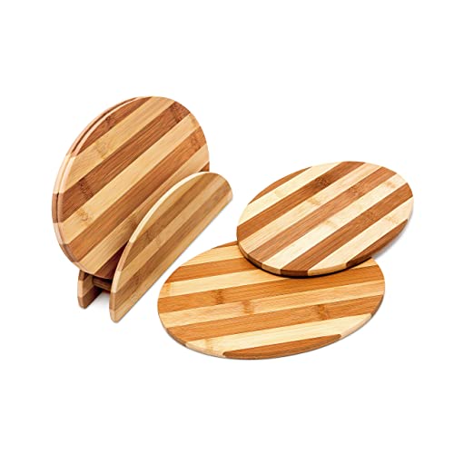 Relaxdays Frühstücksbrettchen aus Bambus HxBxT: ca. 0,5 x 25 x 18 cm Küchenbretter im Set 4 Stück mit Halter Schneidebretter gestreift beidseitig verwendbar mit Brettchenständer messerschonend, natur von Relaxdays