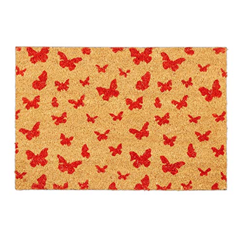 Relaxdays Fußmatte Kokos, 40x60 cm, Kokosmatte, Schmetterling Motiv, rutschfest, Schuhabtreter, innen & außen, natur/rot von Relaxdays