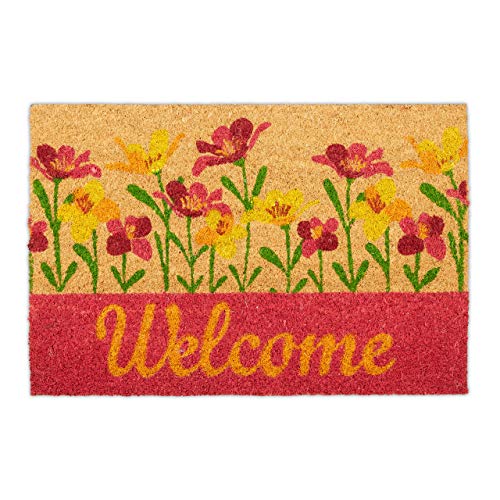 Relaxdays Fußmatte Kokos, Welcome Schriftzug & Blumen-Motiv, Türvorleger innen & außen, Kokosmatte 40 x 60 cm, Natur/rot von Relaxdays