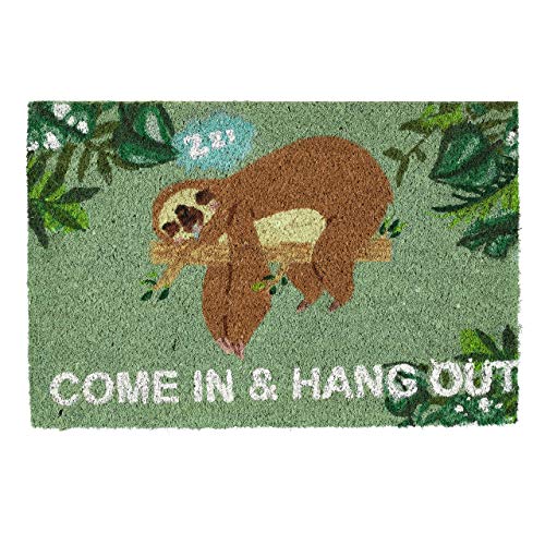 Relaxdays Fußmatte Kokos "Come In & Hang Out", Faultier-Motiv, Türmatte außen & innen, Kokosmatte 60x40 cm, grün/braun von Relaxdays