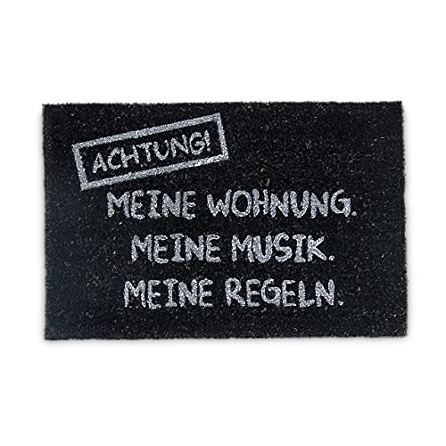 Relaxdays Fußmatte Kokos MEINE WOHNUNG 40 x 60 cm Kokosmatte mit rutschfestem PVC Boden Fußabtreter aus Kokosfaser als Schmutzfangmatte und Sauberlaufmatte Fußabstreifer für Außen und Innen, schwarz von Relaxdays