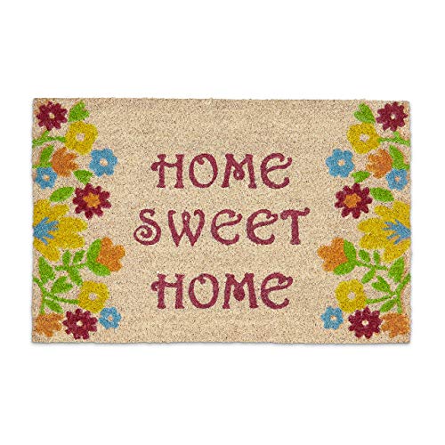 Relaxdays Fußmatte Kokos Spruch HOME SWEET HOME 40 x 60 bunte Kokosmatte mit rutschfester PVC Unterlage Fußabtreter aus Kokosfaser als Schmutzfangmatte und Sauberlaufmatte Blumen Türvorleger, braun von Relaxdays