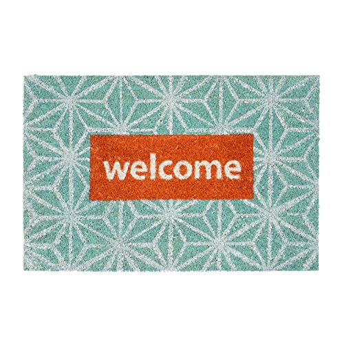 Relaxdays Fußmatte Kokos Spruch WELCOME Blumenmuster 40 x 60 Kokosmatte mit rutschfester PVC Unterlage Fußabtreter aus Kokosfaser als Schmutzfangmatte und Sauberlaufmatte Türvorleger, türkis-rot von Relaxdays