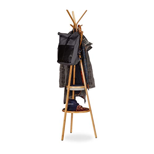 Relaxdays Garderobe mit Ablage, dreiarmiger Bambus Kleiderständer mit 6 Haken, Kleiderablage HxBxT: 171x50x50cm, natur von Relaxdays