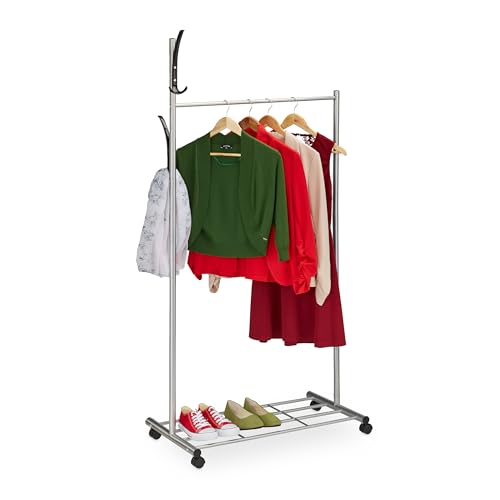 Relaxdays Garderobe mit Rollen, HBT: 165x80x44 cm, Metall, Ablage, mobiler Kleiderständer, Rollgarderobe, Silber/schwarz von Relaxdays