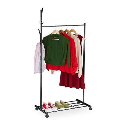 Relaxdays Garderobe mit Rollen, HxBxT: 165 x 80 x 44 cm, Metall, Ablage, mobiler Kleiderständer, Rollgarderobe, schwarz von Relaxdays