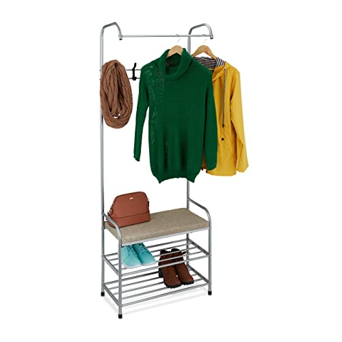 Relaxdays Garderobe mit Schuhablage & Sitzbank, Metall, stehend, Flurgarderobe mit 4 Haken, HBT: 173x64x30 cm, grau von Relaxdays