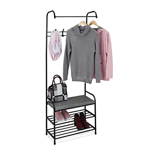 Relaxdays Garderobe mit Schuhablage & Sitzbank, Metall, stehend, Flurgarderobe mit 4 Haken, HBT: 173x64x30 cm, schwarz von Relaxdays