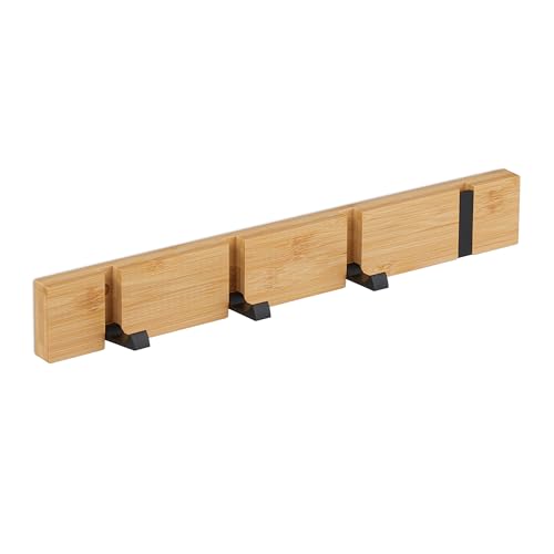 Relaxdays Garderobenleiste, 4 klappbare Haken, Bambus, Metall, zum Bohren oder Kleben, Flur Wandgarderobe, Natur/schwarz von Relaxdays