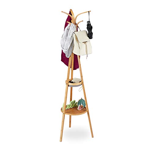 Relaxdays Garderobenständer, moderner Jackenständer aus Bambus, 2 Ablagen, 6 Haken, Baum Design, 178 x 50 x 50 cm, natur von Relaxdays