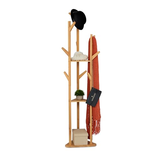 Relaxdays Garderobenständer dreieckig, mit 9 Haken, Bambus, 2 Ablagen, Standgarderobe, HBT: 168,5 x 47 x 47 cm, Natur von Relaxdays