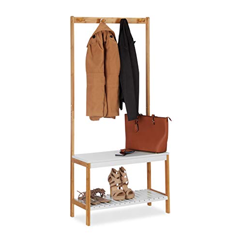 Relaxdays Garderobenständer mit Schuhregal, 4 Kleiderhaken, mit Ablage, Bambus & MDF, HBT 150 x 70,5 x 30 cm, natur-weiß von Relaxdays