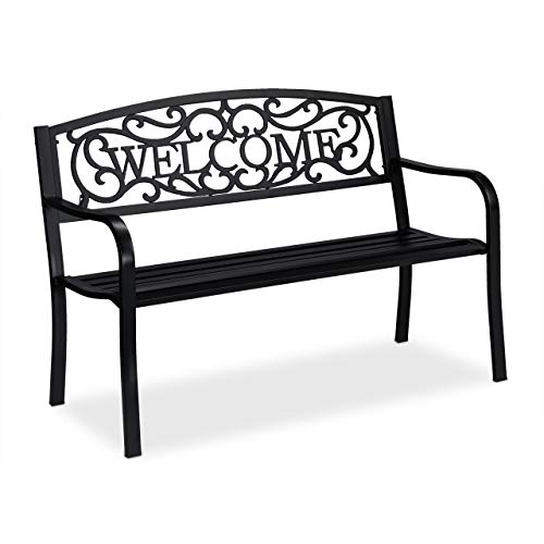 Relaxdays Gartenbank Welcome, Zweisitzer, stabil, rustikales Design, Metall Sitzbank, HxBxT: 87 x 127 x 61 cm, schwarz von Relaxdays