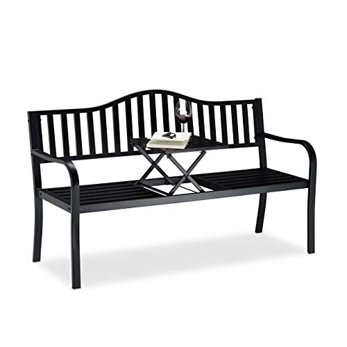 Relaxdays Gartenbank mit Klapptisch, 3-Sitzer, integrierte Tischablage, robuste Sitzbank, HBT: 90x150x57,5 cm, schwarz von Relaxdays