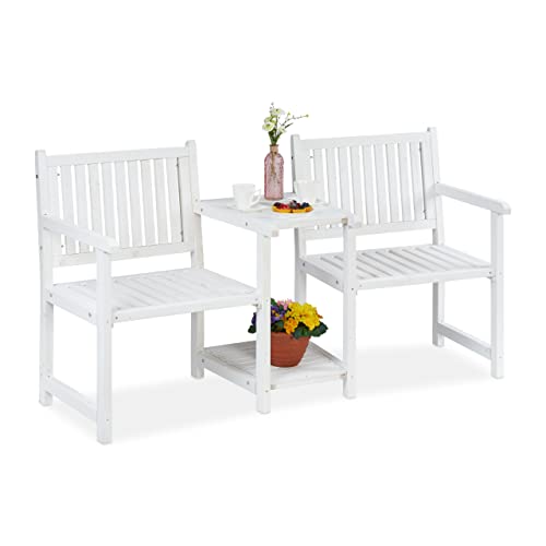 Relaxdays Gartenbank mit integriertem Tisch, 2-Sitzer, robuste Holz Sitzbank, HBT: 86x161x61 cm, Garten & Balkon, weiß von Relaxdays