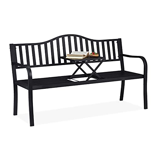 Relaxdays Gartenbank mit klappbarem Tisch, 3-Sitzer, stabil, Garten, Metall Balkonbank, HBT 89 x 150 x 58,5 cm, schwarz von Relaxdays