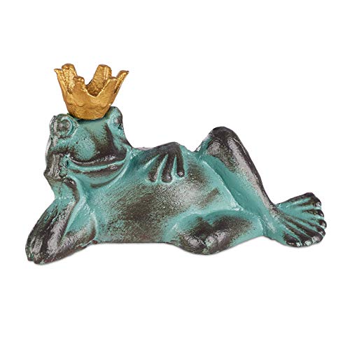 Relaxdays Gartenfigur Froschkönig, wetterfest, liegender Frosch, mit Krone, Dekofigur, Balkon, Gusseisen, Größe L, grün von Relaxdays