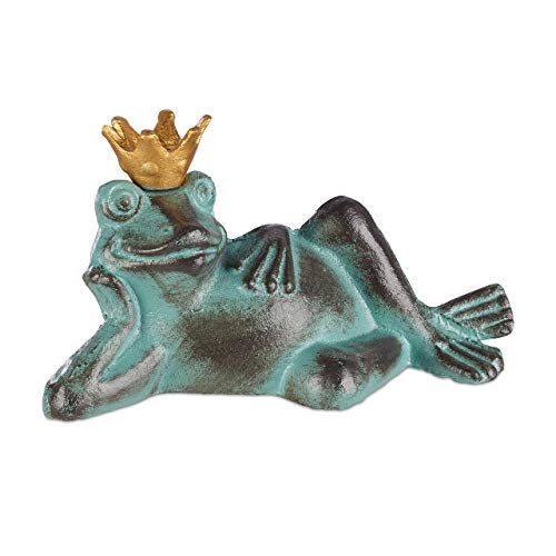 Relaxdays Gartenfigur Froschkönig, wetterfest, liegender Frosch, mit Krone, Dekofigur, Balkon, Gusseisen, Größe S, grün von Relaxdays