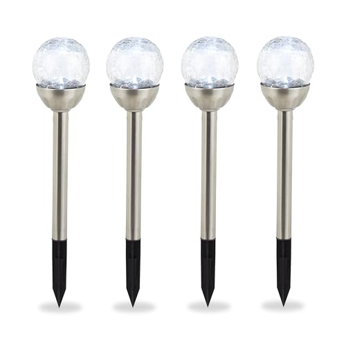 Relaxdays Gartenleuchte Glaskugel im 4er Set, wasserdichte LED Solarleuchten in Bruchglas Optik, weißes Licht, silber, 38 x 8 x 8 cm von Relaxdays