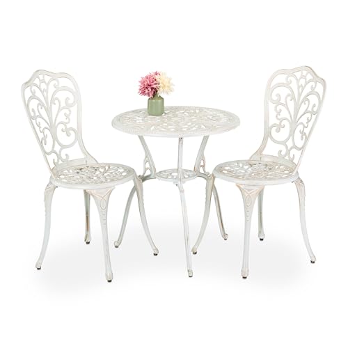 Relaxdays Gartenmöbel Set, 3-teilig, Tisch & 2 Stühle, Aluguss, Balkonmöbel Antik-Design, Garten Sitzgruppe, weiß/Bronze von Relaxdays