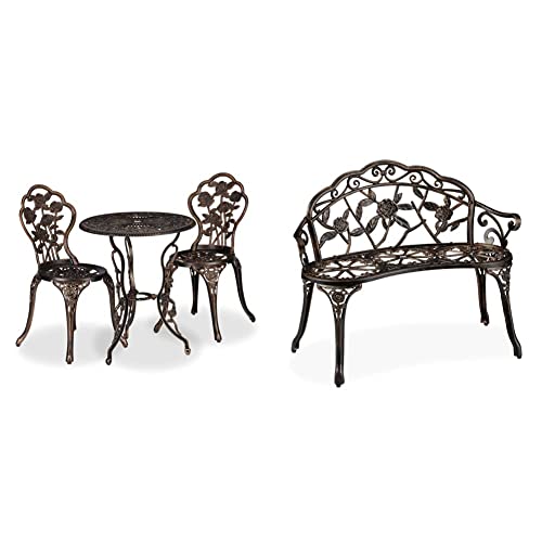 Relaxdays Gartenmöbel Set 3-teilig &, Bronze Gartenbank, 2 Sitzer, Rosen, Terrasse, Balkon, Alu & Gusseisen, antike Sitzbank, HBT: 78 x 99 x 52 cm, Gußeisen, schwarz von Relaxdays