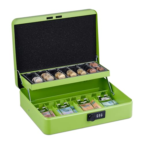 Relaxdays Geldkassette, 3-stellige Zahlenkombination, Münzeinsatz, Geldkasten Eisen, H x B x T: 8,5 x 30,5 x 25 cm, grün von Relaxdays